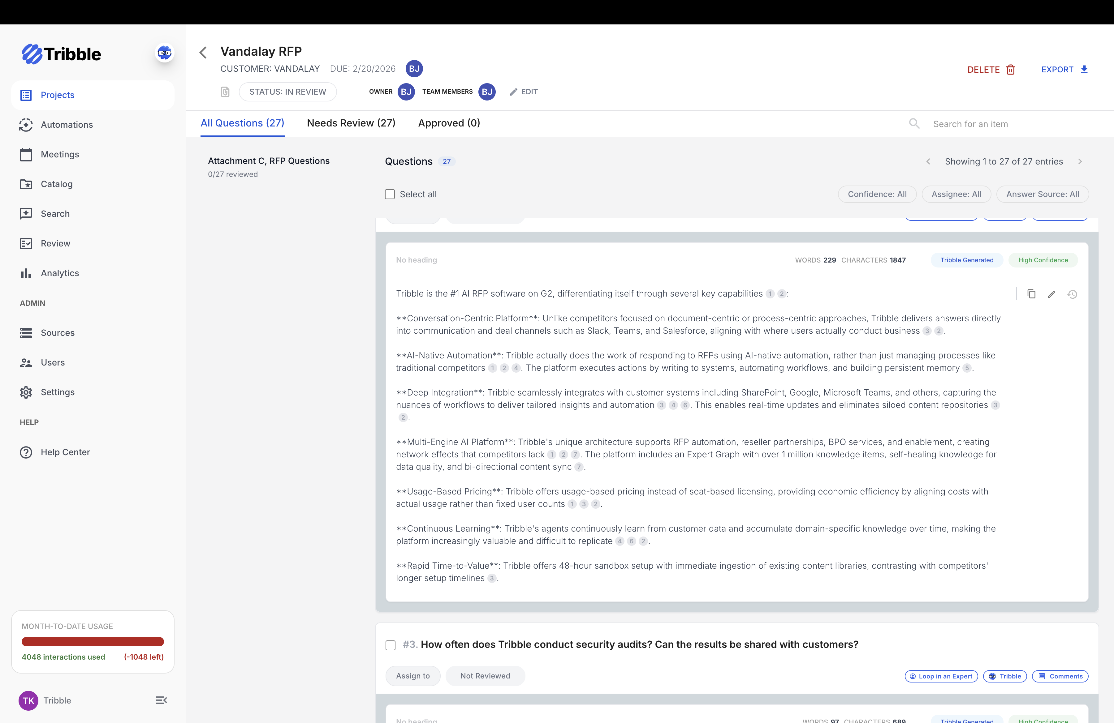Tribble questionnaire workspace showing RFP questions and project status