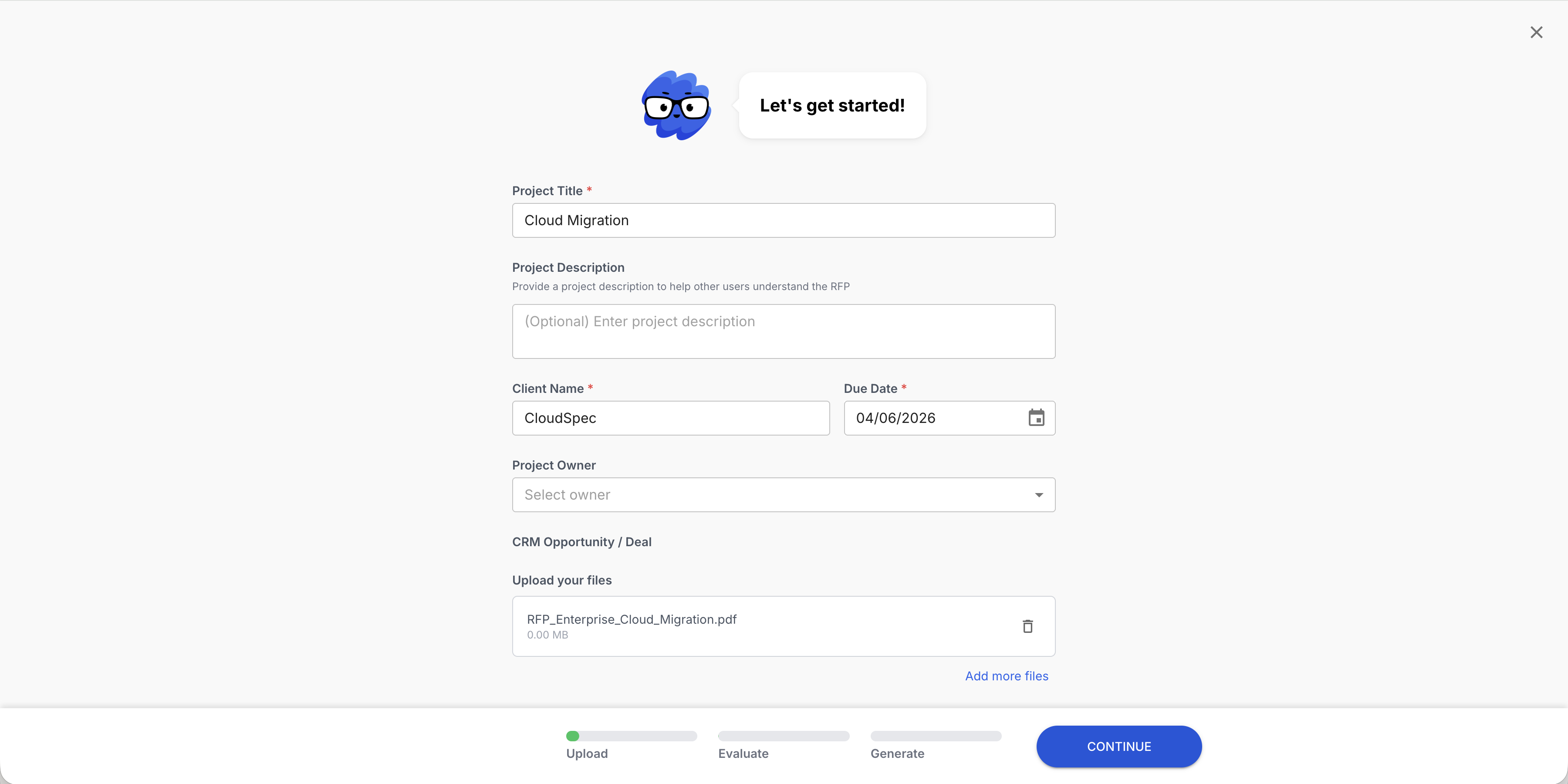 Tribble project intake screen for uploading an RFP and generating responses